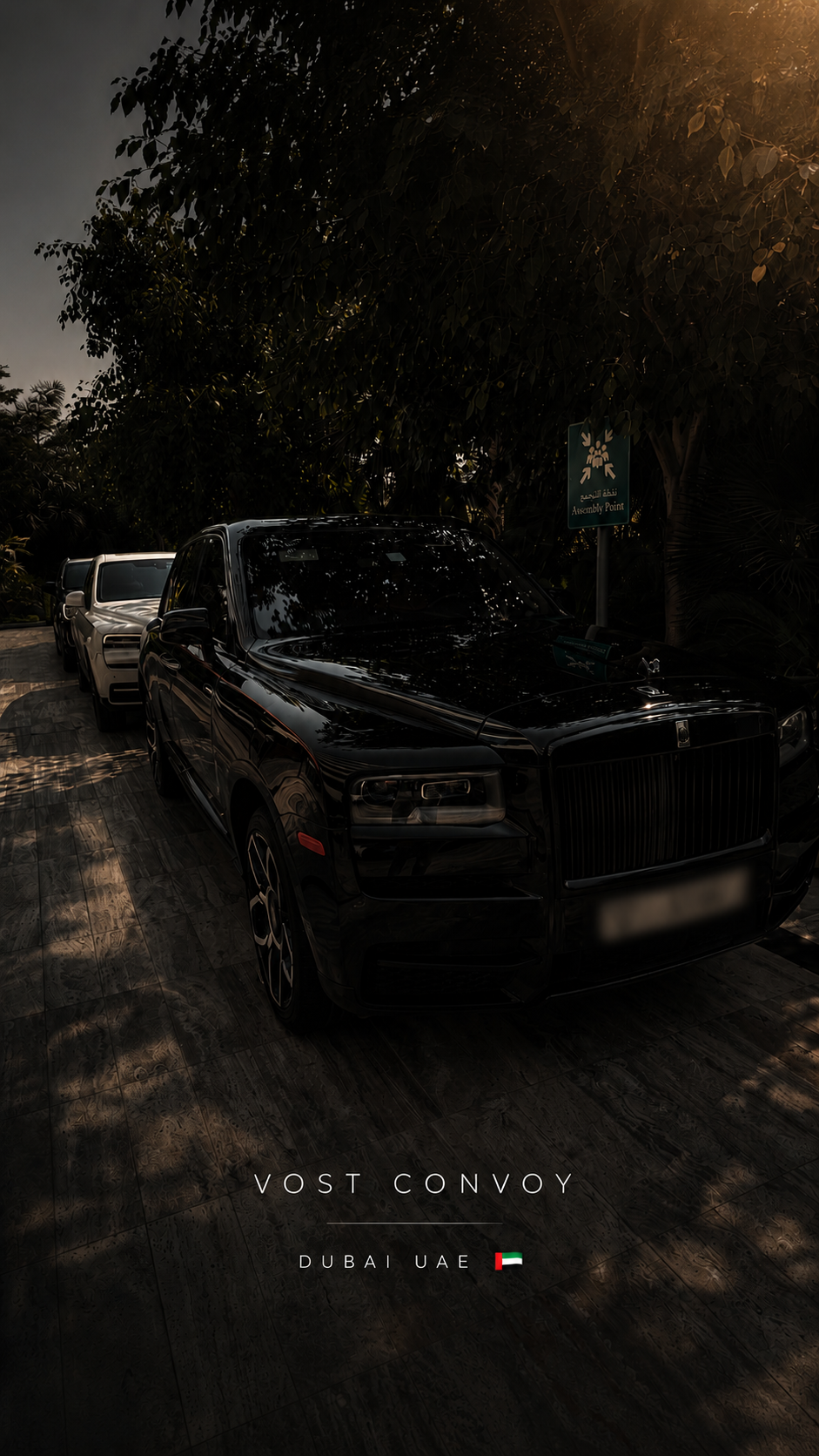 Black luxury convoy at a private entrance