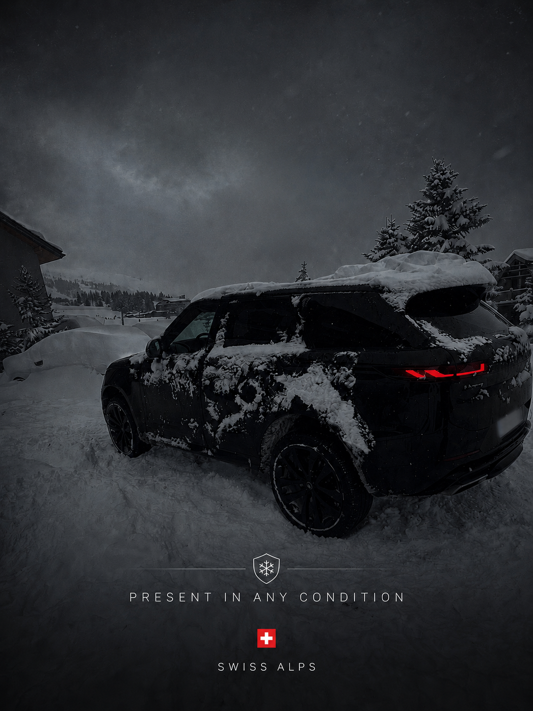Snow-covered vehicle in an alpine village
