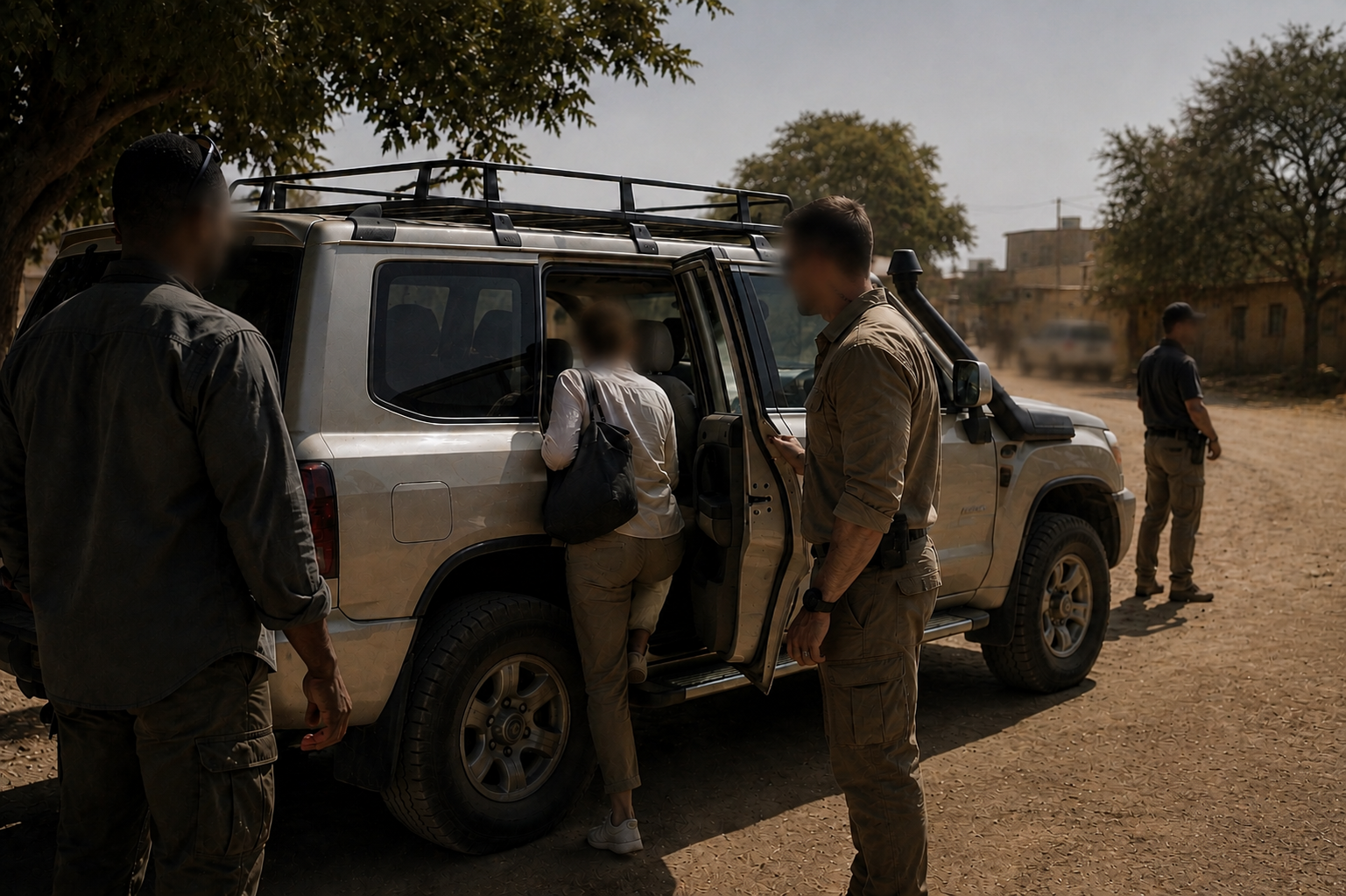 Security team assisting a principal into a protected vehicle in a remote environment